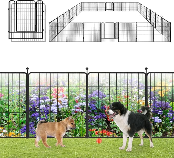 Garden Fence with Gate Metal Fencing Outdoor for Yard, 32in x64ft 28 Panels Outdoor Dog Fence Temporary Fence for Dogs Outside, Rustproof Garden Fencing Flower Bed Edging for Patio