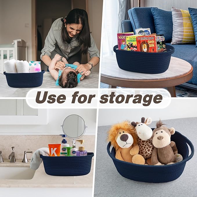 Pro Goleem Small Woven Basket with Gift Bags and Ribbons Durable Baskets for Gifts Empty Small Rope Basket for Storage 12"X 8" X 5" Baby Toy Baskets with Handles, Navy Blue
