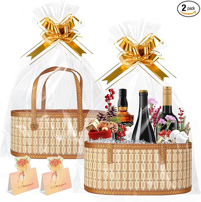 Leevcok 2 Set Baskets for Gifts Empty, Large Bamboo Gift Basket with Handle, Foldable Reusable Decorative Woven Basket for Christmas, Baby Shower, Mother's Day, Housewarming, Wedding