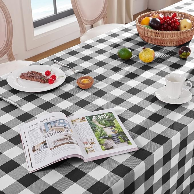 Softalker Gingham Checkered Tablecloth Rectangle - Outdoor Waterproof Buffalo Plaid Table Cloth, Stain Resistant Washable Table Cover for Picnic, Camping, Dining - Black and White, 60 x 102 Inch