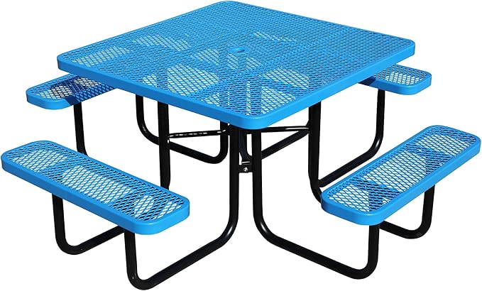 46'' Square Picnic Table for Outdoors, Commercial Steel Metal Picnic Tables, Heavy Duty Sturdy Picnic Tables Furniture Set for Patio Garden Courtyard BBQ, with Umbrella Hole, Blue