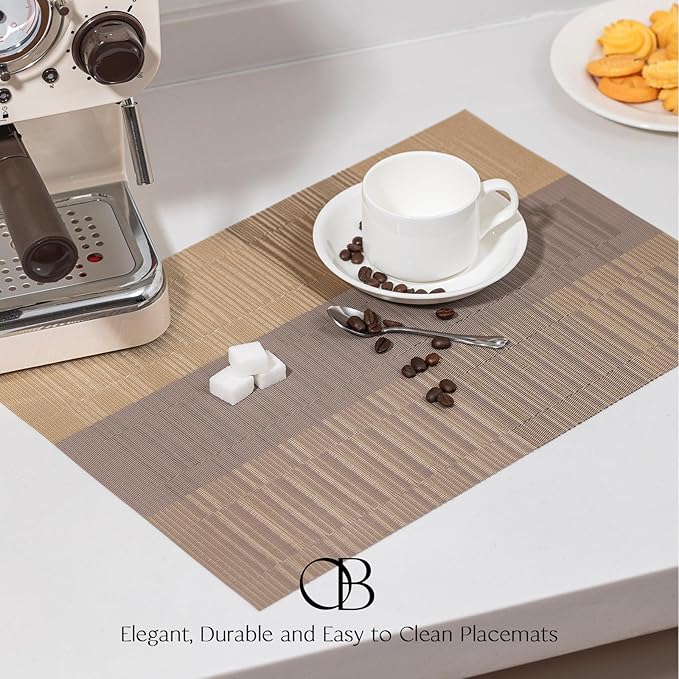 Placemats Set of 6 - Easy Clean Woven Vinyl Placemats for Dining Table, Indoor/Outdoor Place Mats, Washable PVC Table Mats （Gold Dune）