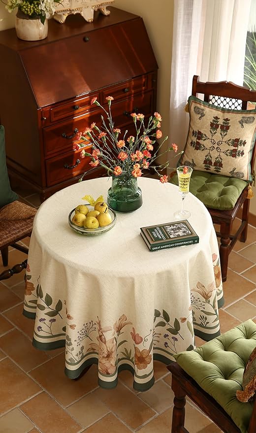 Designer Vintage French Small Round Tablecloth,Linen Shabby Chic Floral Colorfast Table Cloth,Decor Table Cover for Kitchen,Dining,Tea Party,Home,Christmas,Diameter 55"-Manolya