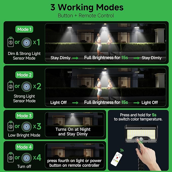 Solar Motion Sensor Outdoor Lights with Flexible Octopus Tripod, 600LM Lights with AC/DC Wired, IP65 Waterproof Adjustable Fixture Black for Camping Outside [4-Pack]