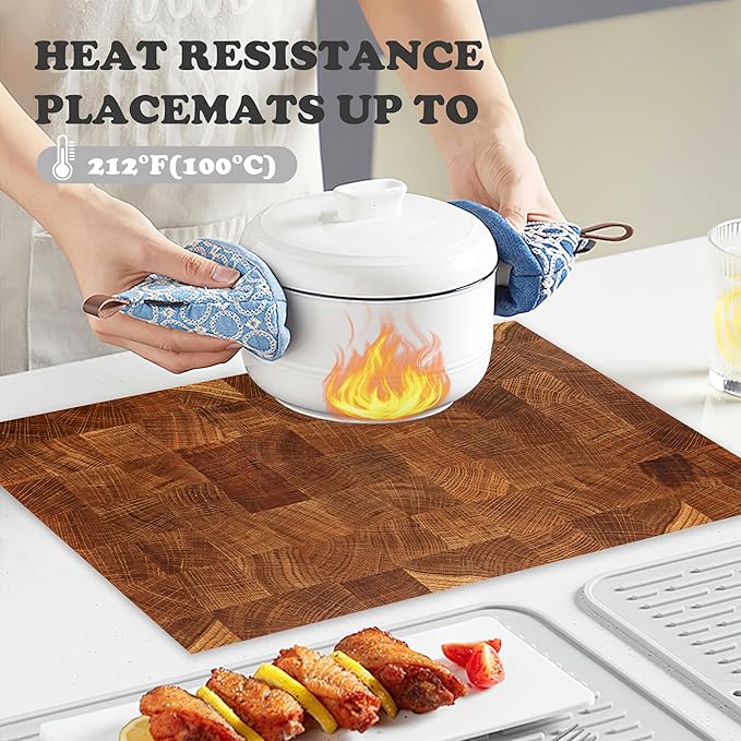Placemats Set of 6,Retro Wood Linen Table Mats Honey Oak Texture Heat Resistant Place Mats Washable Dining Table Mats for Indoor Outdoor Kitchen Decor Easy Clean 12 x 18 Inch