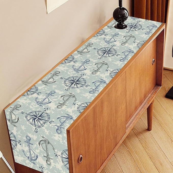 Summer Beach Table Runner, Blue Sea Coastal Nautical Sailboat Map Sketch Compass Ocean Table Runner Seasonal Holiday Home Kitchen Dining Table for Home Party Decor 13"x72"