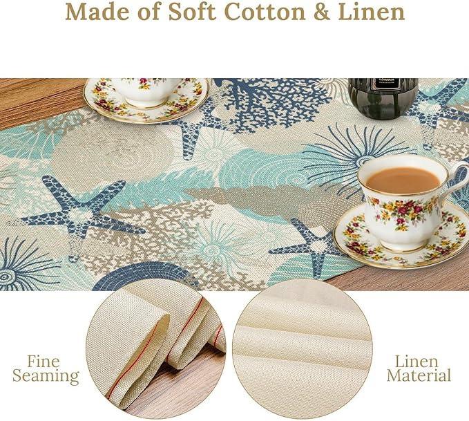 Marine Life Table Runner, Sea Underwater World Ocean Creature Table Runner for Dining Kitchen Party Holidays Home 13x60in