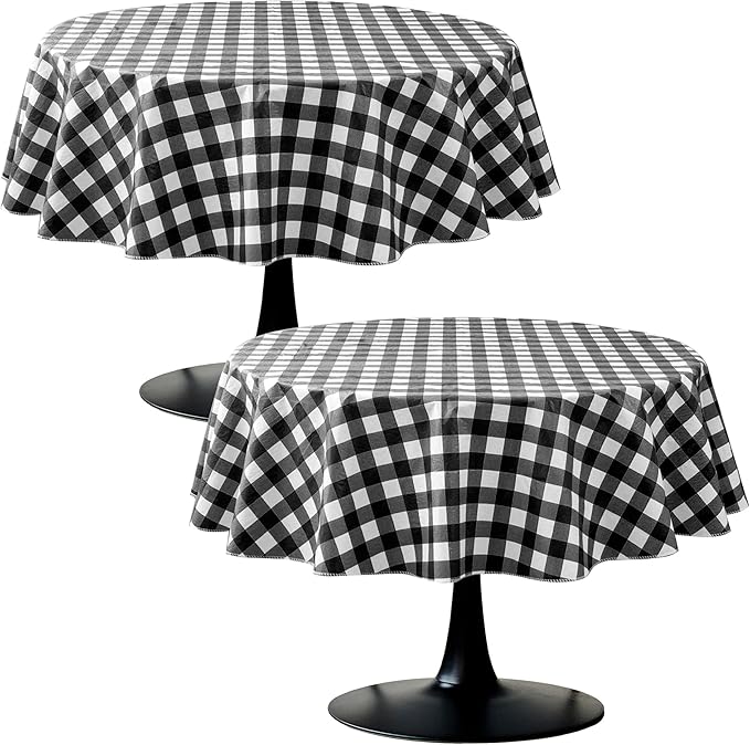 Nasitos 2 Pack Checkered Round Tablecloth 60 Inch-Waterproof Oil & Spill Proof Washable Wipeable Table Cloth, Black and White Plastic Table Cover Flannel Backed for Dining, Party, Outdoor, Picnic