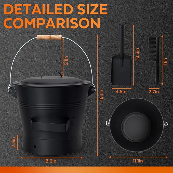 Ash Bucket with Lid and Shovel, 2.6 Gallon Metal Fireplace Ash Bucket with Broom, Complete Fireplace Tools Set for Wood Stove and Fireplace