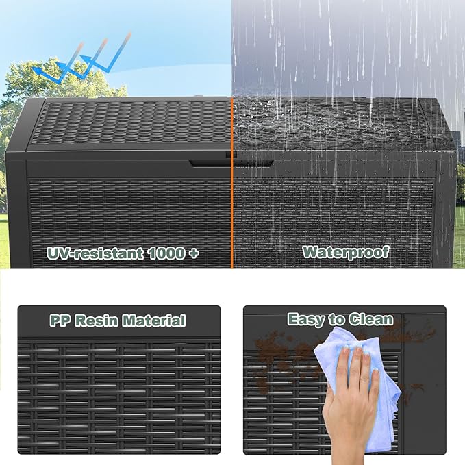 DRATO 100 Gallon Large Deck Box, Outdoor Storage Box for Patio Furniture, Patio Cushions, Gardening Tools, Pool Supplies,660lbs Weight Capacity,Waterproof Resin Storage Boxes（Black，100 Gallon）
