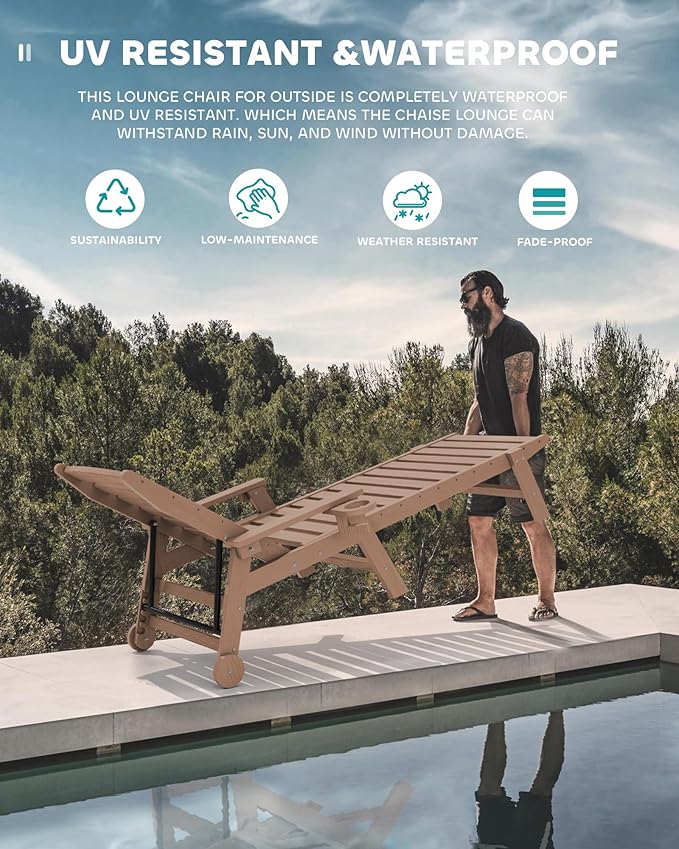 SERWALL Patio Chaise Lounge Chair Set of 2, 78'' Long HDPE Outdoor Lounger, 5 Positions Adjustable Poly Lounge Chair with Rolling Wheels & Cup Holder for Pool, Brown
