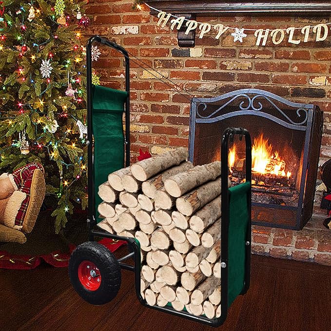 Firewood Cart with Pneumatic Wheel: 44 X 27 X 20 in Heavy Duty 220 lbs Load Capacity Waterproof Easy Assembly Rack for Indoor Garden Backyard Fireplace Men Women Use with Rubber Wheels