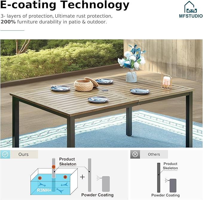 MFSTUDIO Patio Dining Sets with Swivel Chairs, Wood-Like Metal Table for 6 and Wicker Chairs, 7 Pieces Outdoor Dining Furniture, Patio Rectangular Table and Chair for Deck, Backyard