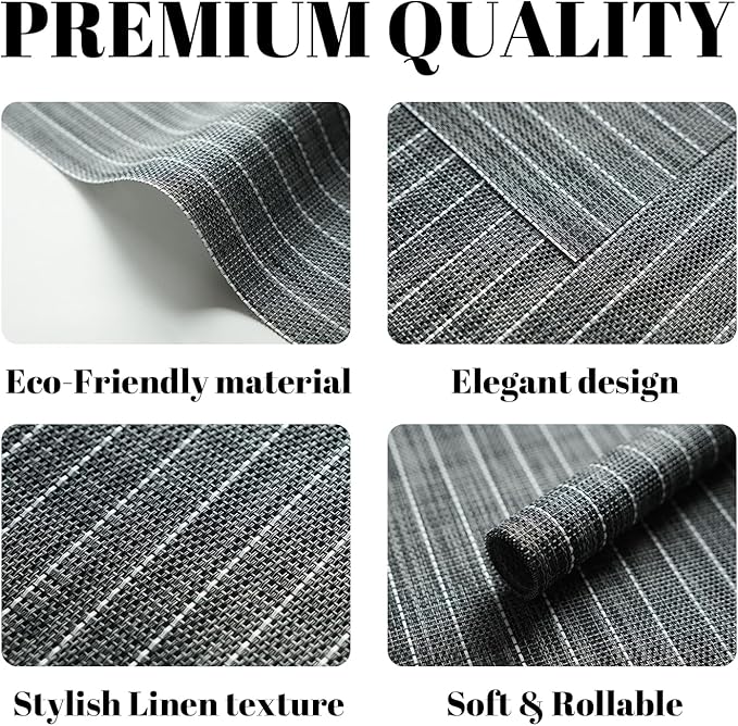 Placemats Set of 12 Vinyl/Plastic Woven Place Mats for Kitchen Table Indoor/Outdoor Washable Placemat Wipeable Dining Table Mats (Black Stripes,12)
