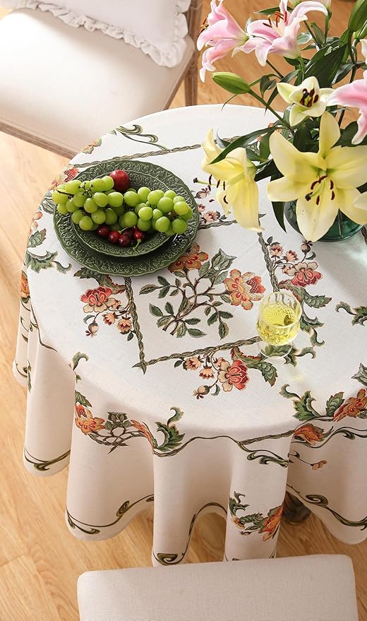 patdrea Designer Linen Round Tablecloth,Vintage French Floral Tablecloths,Wrinkle Free Table Cloth,Decorative Table Cover Cloth for Kitchen,Dining,Tea Party,Home,Christmas,Diameter 67"