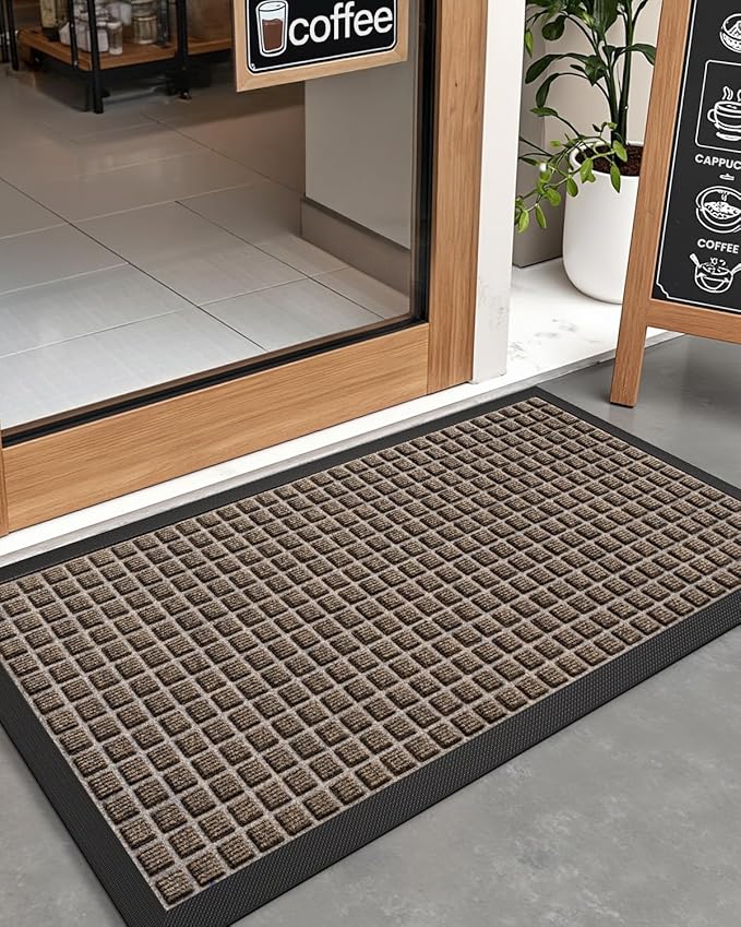 DEXI Front Door Mat Outside Entrance, 17x29 Rubber Entry Doormat Heavy Duty, Welcome Mats Non Slip for Inside House Floor Entryway Double Doors Exterior Patio, Checkered Brown