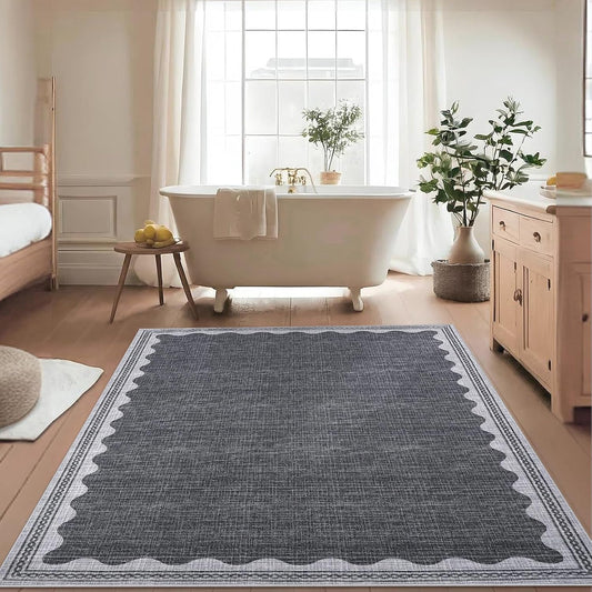 Scalloped Washable Rug 5x7 Area Rugs for Living Room, Solid Grey Rug for Bedroom Girls, Non Slip Scalloped Throw Mat with Rubber Back, Soft Dorm Nursery Low Pile Carpet for Dining Room