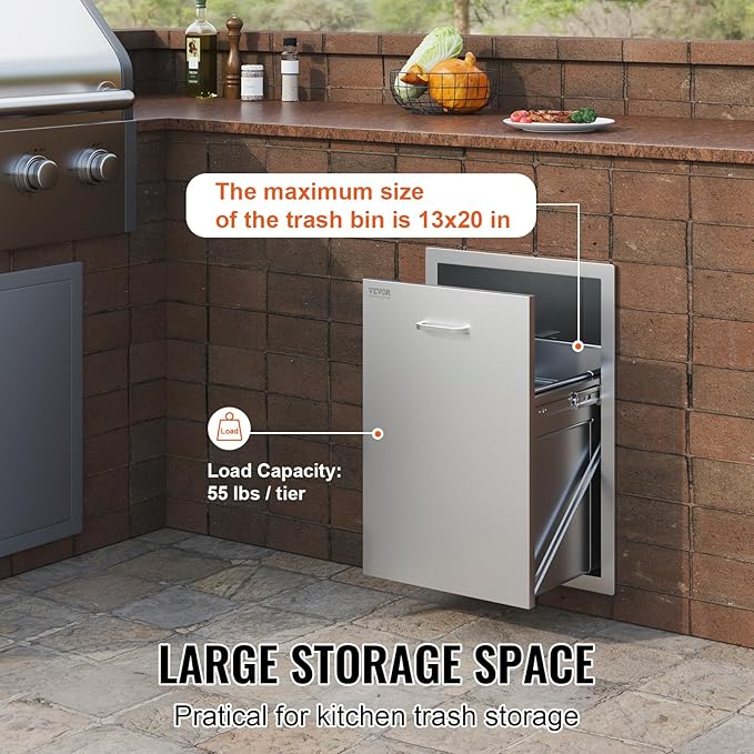 VEVOR Outdoor Kitchen Trash Drawer 17.7W x 25H x 22.8D Inch, Stainless Steel Trash Drawer with Handle and Pull-Out Tray, Outdoor Pull Out Kitchen BBQ Island, Trash Can NOT Included