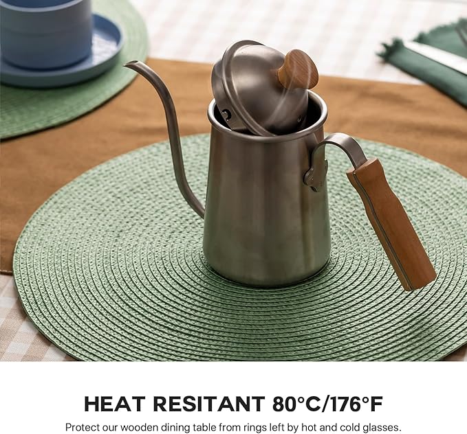 Round Placemats Set of 6 Plastic Woven Placemats Washable Wipeable Table Mats for Dining Table Heat Resistant Non-Slip Circle Place Mats (Green)