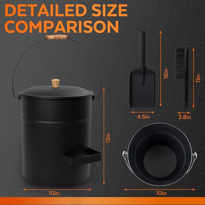 4 Gallon Ash Bucket with Lid and Shovel, Metal Fireplace Ash Bucket with Broom, Complete Fireplace Tools Set for Wood Stove and Fireplace