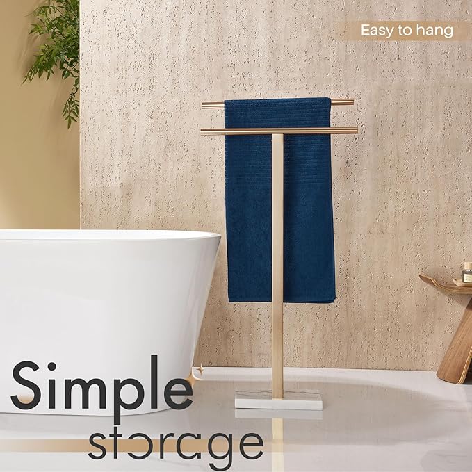 KOKOSIRI Standing Towel Rack for Bathroom Floor 2-Tier Towel Holder Free Stand with Heavy Marble Base Thicken Steady Champagne Bronze Stainless Steel THS0005-CPG