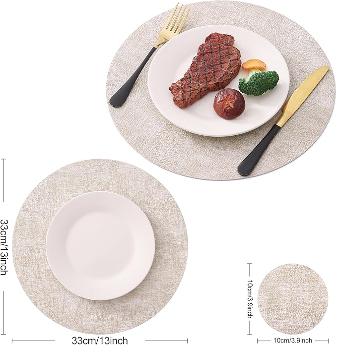 Homaxy Round Faux Leather Placemats and Coasters, Washable Dual-Side Table Mats, Wipeable Heat-Resistant Dining Place Mats for Outdoor and Indoor, Set of 12, Diameter 13 and 3.93 inch, Beige