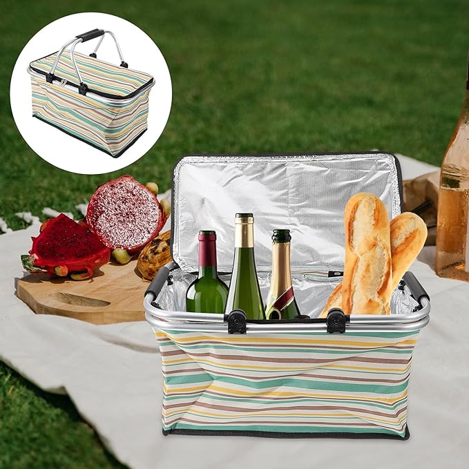 GALPADA Insulated Picnic Basket Multi-Function Cooler Bag for Outdoor Dining Foldable Thermal Tote Thick Aluminum Film Yellow-Green Pattern Without Ice Pack