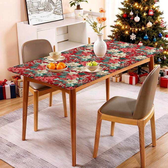 Rectangle Table Cloth Cover Waterproof Elastic Fitted Polyester Fitted Tablecloths for 4 Foot Tables for Indoor,Picnic, Camping, Outdoor （48" x 24"，Christmas Flowers）
