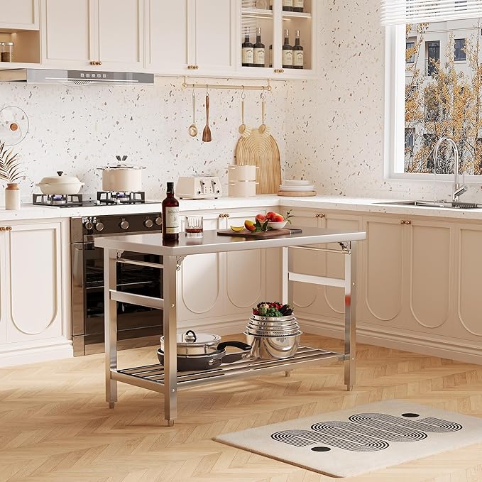 48''x24'' Stainless Steel Folding Preparation Table with Adjustable Undershelf, NSF Commercial Heavy-Duty Workbench, for Kitchen, Hotel, Home, Outdoor Cooking Table