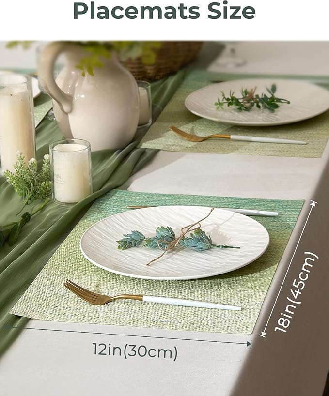 Leetaltree Gradient Green Woven Placemats Set of 6 - Heat Resistant Non-Slip Place mats for Dining Table, Washable Durable PVC Vinyl Woven Table Mats(Gradient Green, 6)