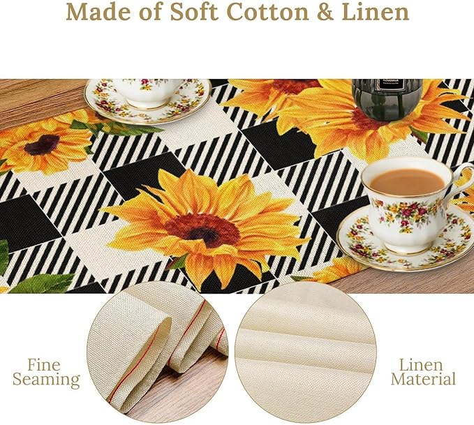 Yellow Sunflower Table Runner, Vintage Farmhouse Black White Sunshine Sunflowers Print for Autumn Farmhouse Home Kitchen Table Decoration,13x60inch