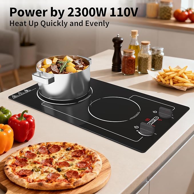 VBGK Induction Cooktop,110V 2300W 2 burner hot plate with Knob Control,9 Power Levels, Kids Lock & Timer,LED touch control,Overheat Protection Electric stove,2 burner induction cooktop