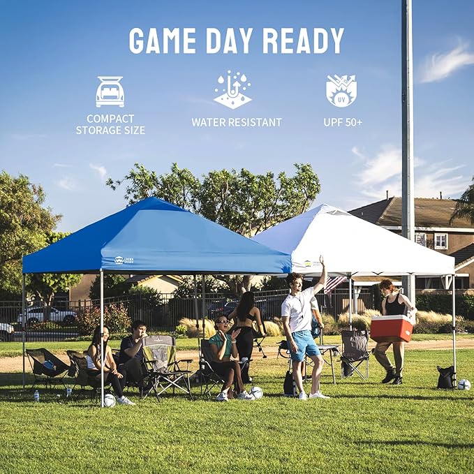 CROWN SHADES 8x8 Pop Up Canopy - Beach Tent with One Push Setup - Easy Outdoor Sun Shade for Events, Parties, Camping - Gazebo with STO-N-Go Cover Bag, Silver Coated Top, Blue