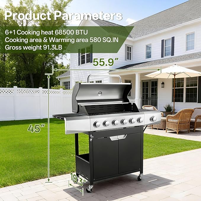 Endark Upgraded 68,500 BTU 6-Burner Stainless Steel Propane Gas Grill – Outdoor BBQ Grill with Side Burner & Porcelain Grates, Barbecue Grill Wheeled for Patio, Garden, Backyard