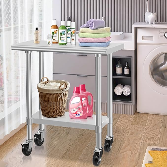 HARDURA Stainless Steel Commercial Table Prep & Work Table with Casters Heavy Duty Metal Table with Wheels NSF 430 14×30 Inches