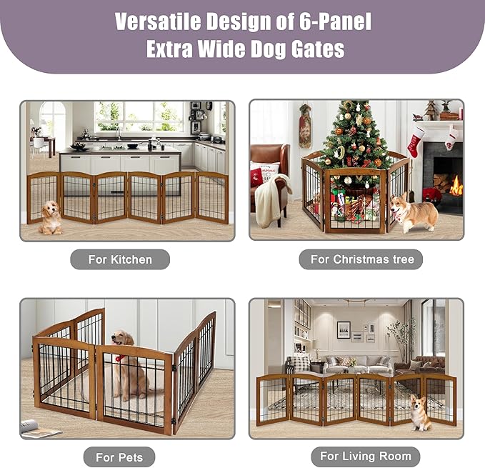 LZRS 6-Panel Extra Wide Wooden Freestanding Dog Gate: Foldable Solid Wood and Steel Wire Chew Resistant Safety Barrier for Doorways, Stairs, and Open Long Spaces Indoor Use, Cherry