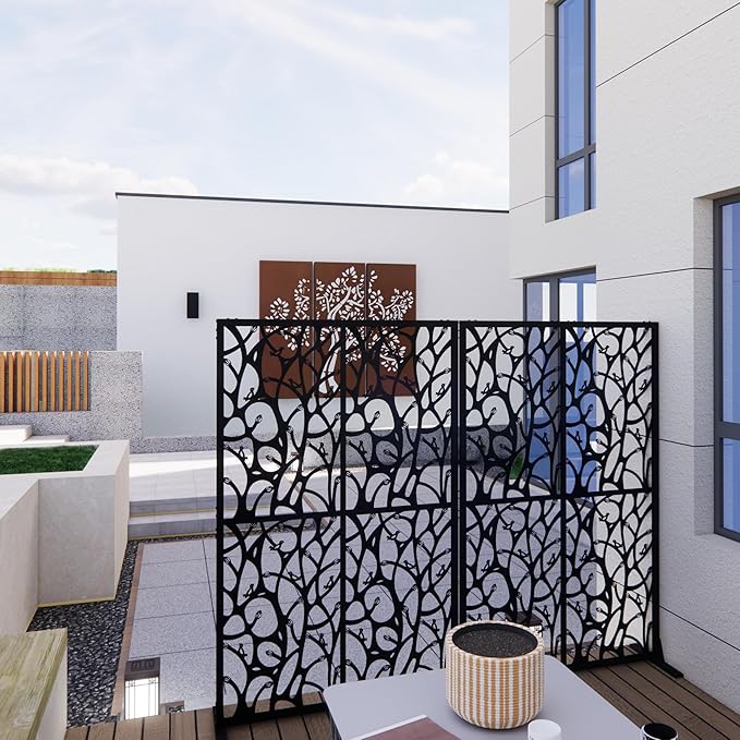 Metal Privacy Screen Room Divider 72" H x 45.3" W, Free Standing Decorative Panel with Bird Design for Indoor Outdoor Use, Black Iron Partition for Patio Balcony Garden (Bird Black)
