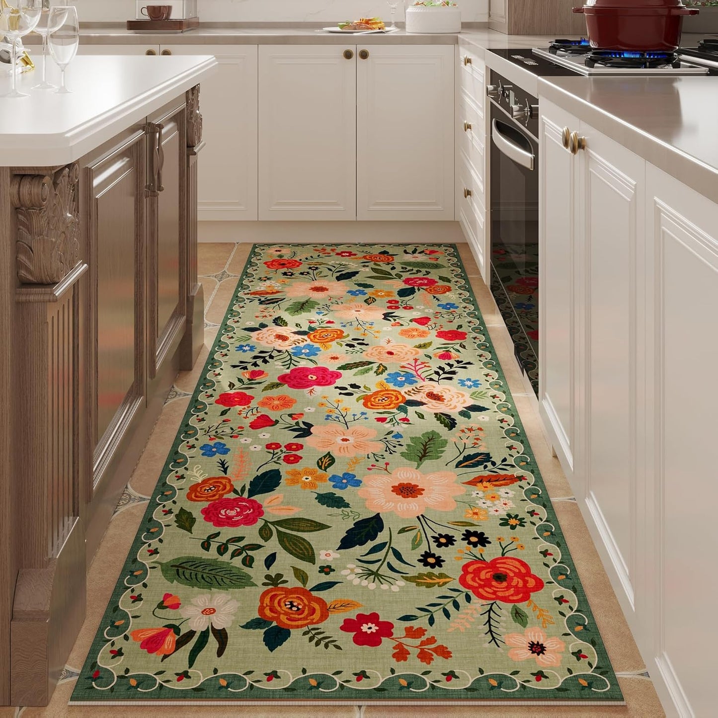 Rugcomf Runner Rug for Hallways Kitchen Rug Non Slip 2'6''x8' Washable Runner Rugs with Rubber Backing Soft Floral Carpet Runner for Hallways, Kitchen, Laundry, Bedroom, Bathroom(Green)