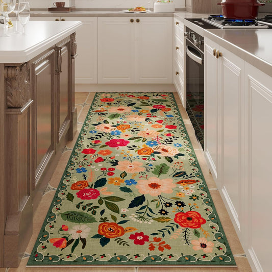 Rugcomf Runner Rug for Hallways Kitchen Rug Non Slip 2'x 6' Washable Rugs with Rubber Backing Soft Floral Carpet Runner for Hallways, Kitchen, Laundry, Bedroom, Bathroom(Green)