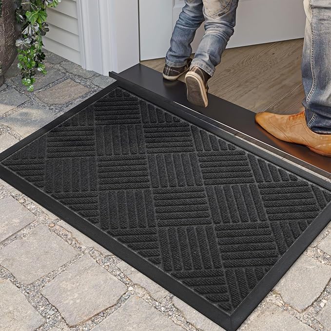 DEXI Front Door Mat Outside Entrance, 17x29 Rubber Entry Doormat Heavy Duty, Welcome Mats Non Slip for Inside House Floor Entryway Back Doors Exterior Patio, Diamond Black