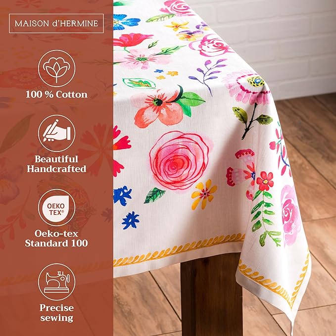 Maison d' Hermine Table Cloth Rectangle Table 100% Cotton 60 x 90 Inches Tablecloth Reusable for Dining Room, Farmhouse, Home, Party, Festive & Wedding Spring Summer - Happy Florals - Sweety