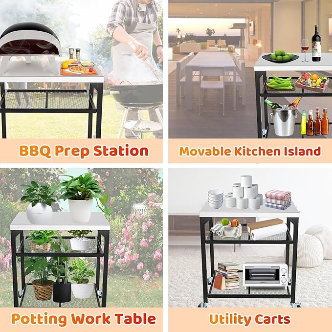 Pizza Oven Table for Ooni, Ninja, Woodfire, Blackstone, Bighorn, Cuisinart, Outdoor Grill Table for Ooni Pizza Oven Accessories, Movable Pizza Oven Stand as Food Prep Cart, Barbecue Tool Set