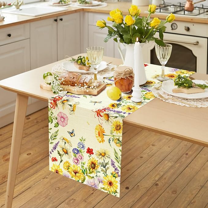 Tulip Lavender Spring Table Runner, Summer Seasonal Holiday Anniversary Kitchen Table Decorations, Indoor Outdoor Home Party Decor (Colorful Sunflowers, 13×72 Inches)
