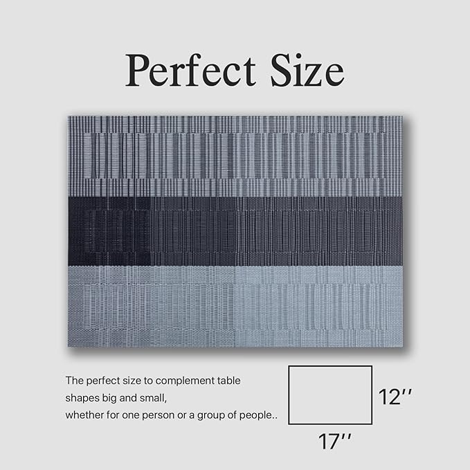 Placemats Set of 8 - Easy Clean Woven Vinyl Placemats for Dining Table, Indoor/Outdoor Place Mats, Washable PVC Table Mats （Silver Gray Black）