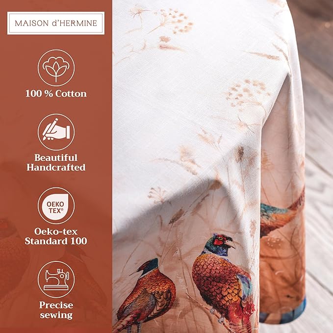 Maison d' Hermine Table Cloth Round Table 100% Cotton 69 Inches Fall Tablecloth Reusable Everyday Use for Thanksgiving Christmas Decorations Dining Farmhouse Party (Faisan D'Automne)