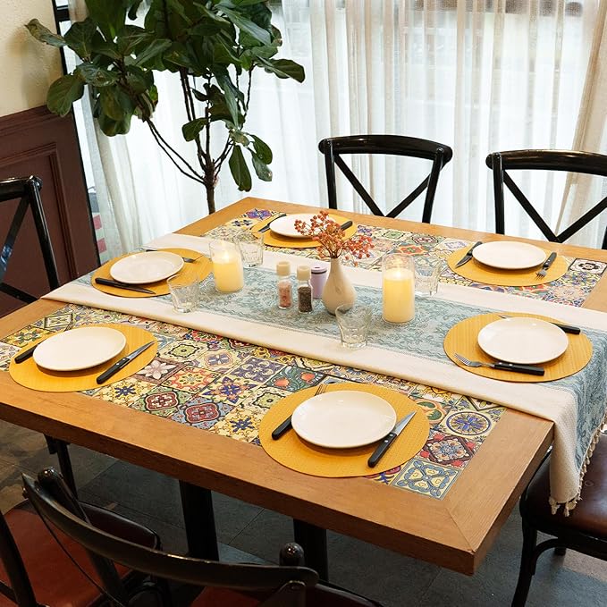 Round Faux Leather Placemats Set of 6 – 13 Inch Vinyl Mats, Heat Resistant, Non Slip, Wipeable & Washable, Easy to Clean Decor for Kitchen & Holiday Meals – Golden Yellow