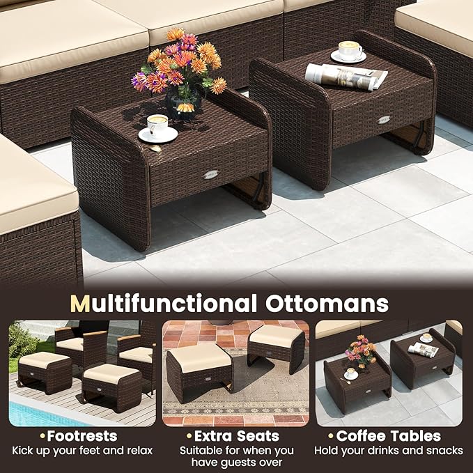 Tangkula 2 Pieces Patio PE Wicker Ottomans with Removable Cushions, Multipurpose Outdoor Furniture for Additional Seating, Footrest and Side Table, Outdoor Footstools for Porch, Backyard (Beige)