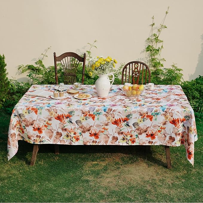 Rectangle Outdoor Tablecloth 60 x 108 Inch, Spillproof Waterproof Tablecloth, Durable Floral Print Pattern Farmhouse Table Cover for Dining, Party, Easter, Orange Flower