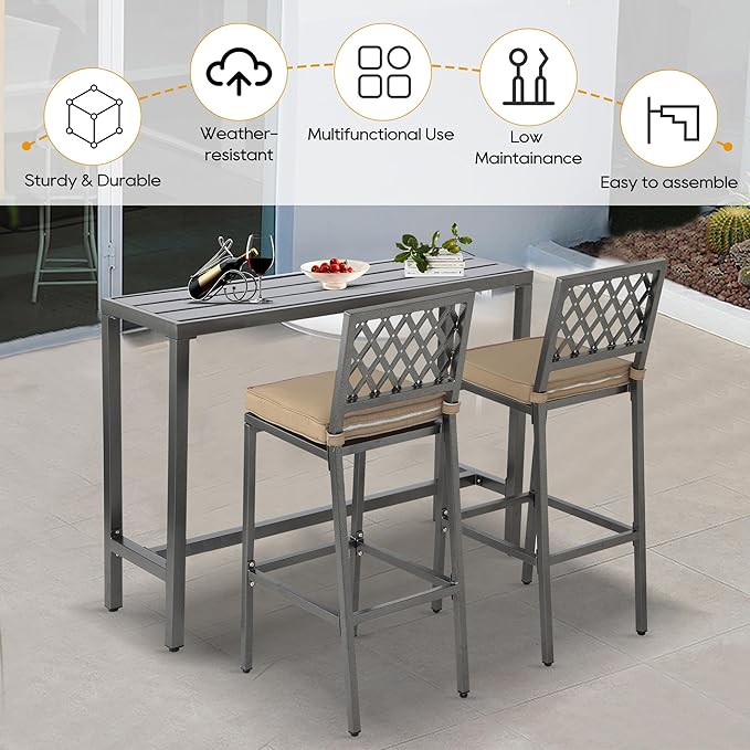 Outdoor Patio Bar Set, Bar Height Patio Dining Set, Weather-Resistant Bistro Counter Pub Set with Cushions & Slatted Tabletop for Backyard, Garden, Yard (47" Table, 2 "X Style Stool, Gray)