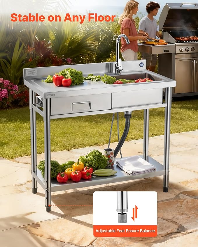 VEVOR Stainless Steel Utility Sink, Free Standing Single Bowl Commercial Kitchen Sink with Drawer, Faucet and Hot & Cold Water Pipe, Utility Basin for Garage Restaurant Laundry, 39.4 x 19.7 x 37 in